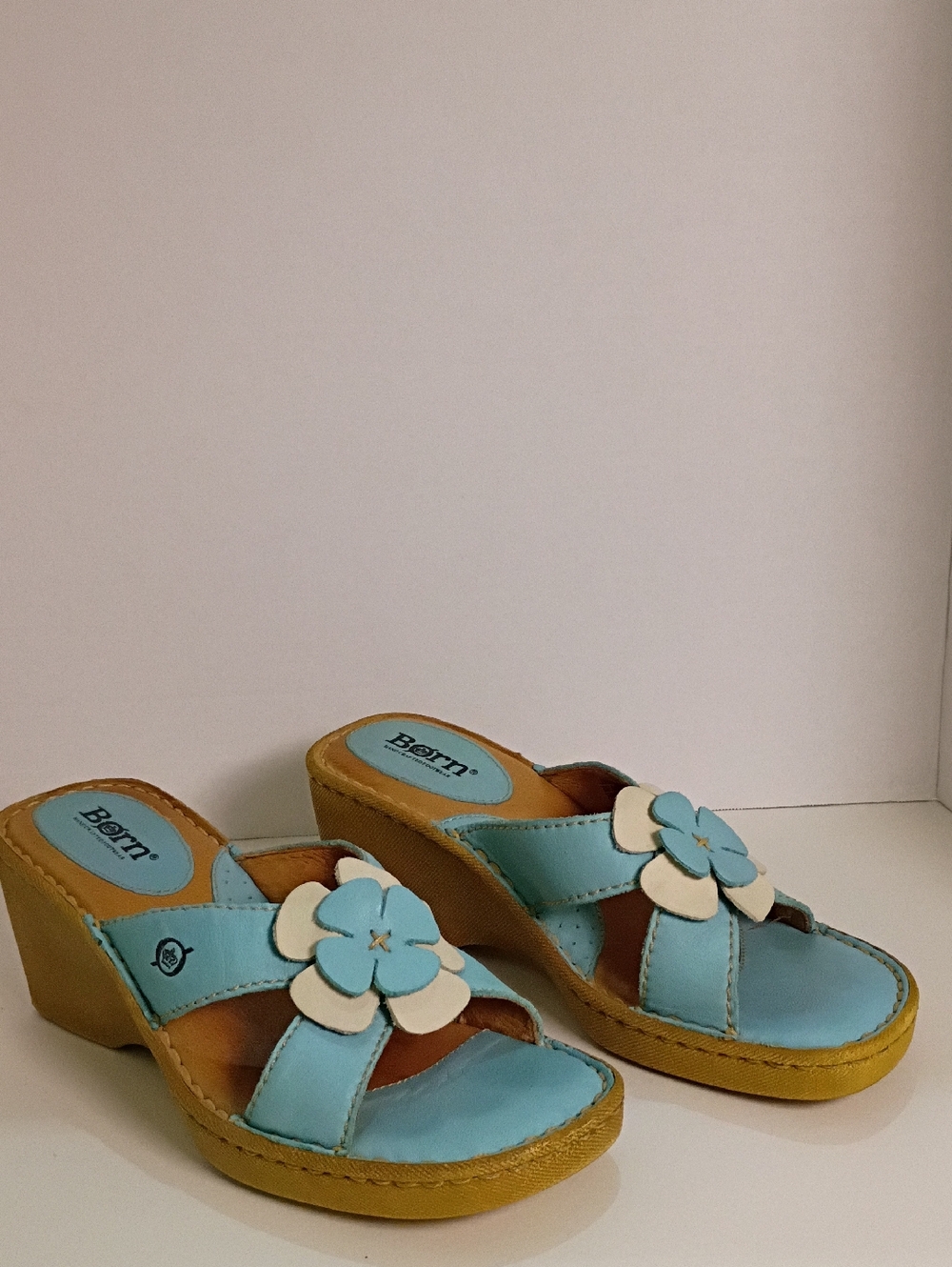 Born Blue Floral Y2K Leather Wedge Sandals